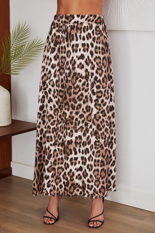 Cheetah Print Elastic Waist Silky Maxi Skirt