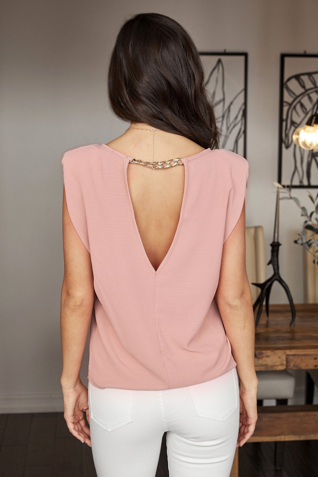 OPEN BACK CHAIN SHOULDER PAD SLEEVELESS TOP