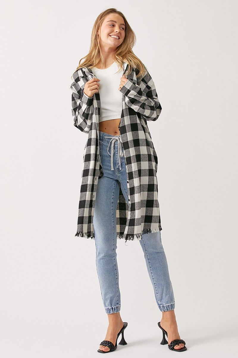 RISEN PLAID LONG HOODED SHACKET