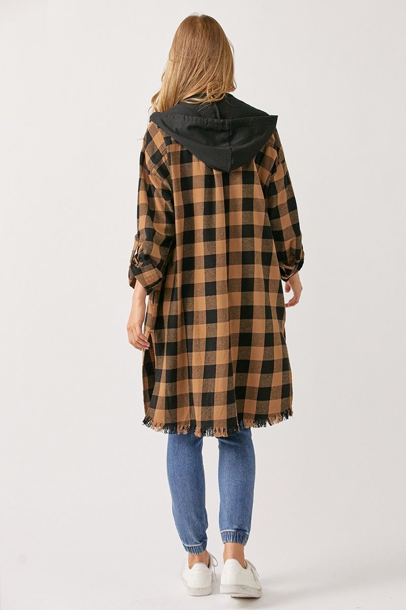 RISEN PLAID LONG HOODED SHACKET