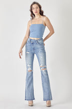 HIGH RISE CROSS OVER FLARE JEANS