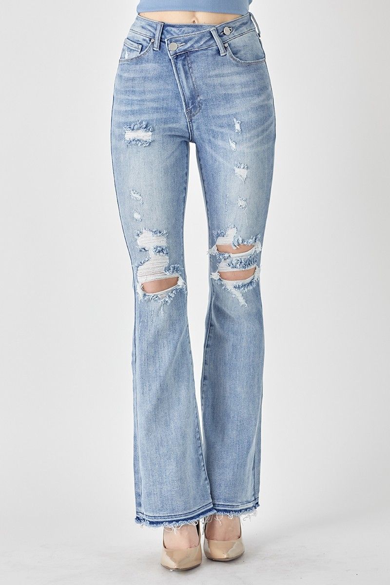 HIGH RISE CROSS OVER FLARE JEANS
