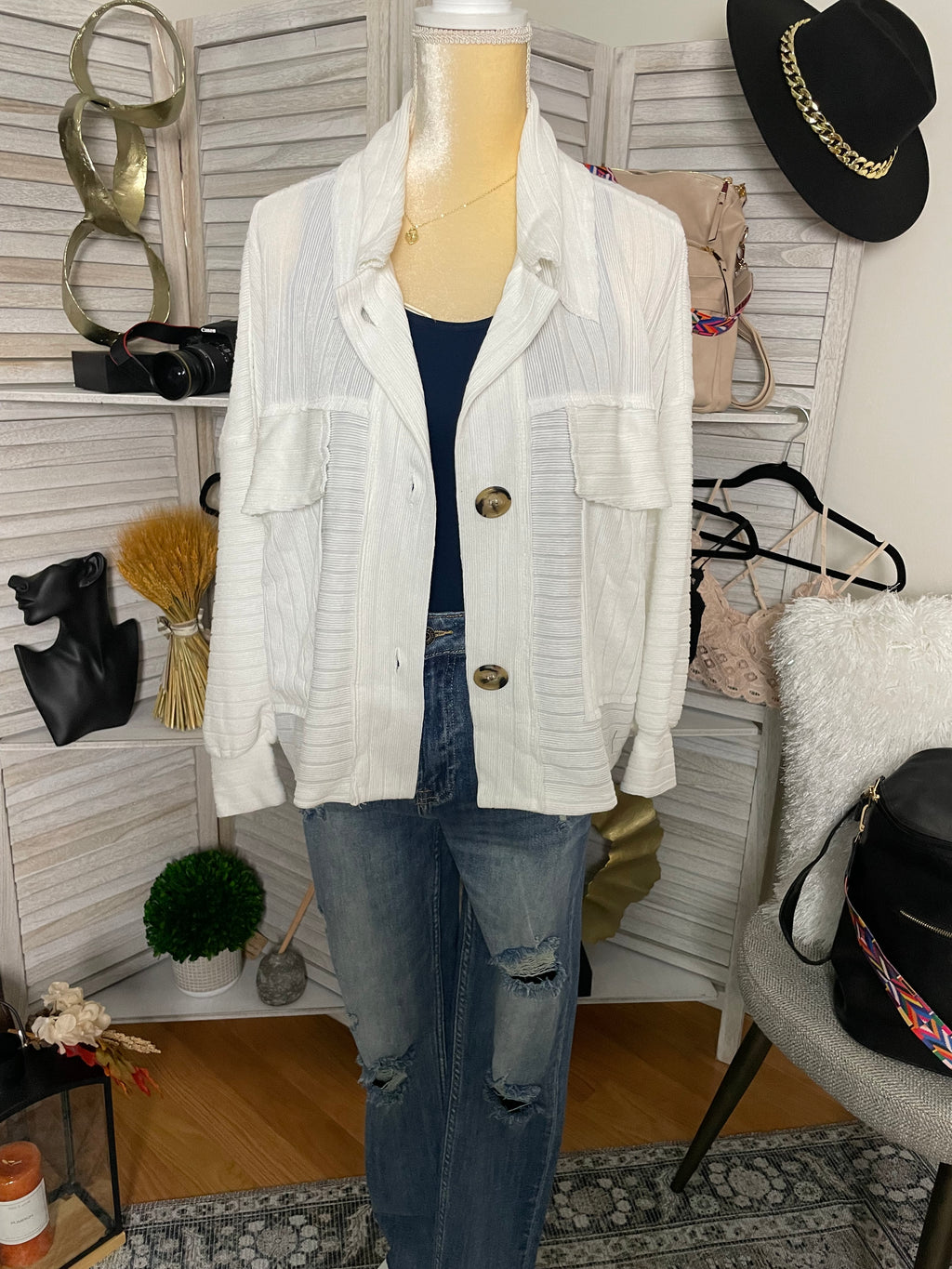 RIBBED SHIRT TOP BRWN/WHITE