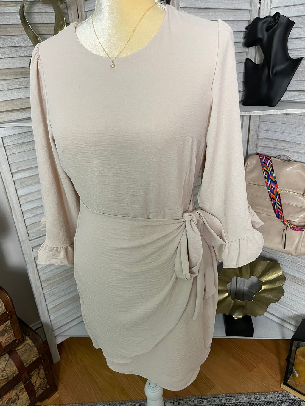 3/4 SLEEVE WRAP SOLID DRESS