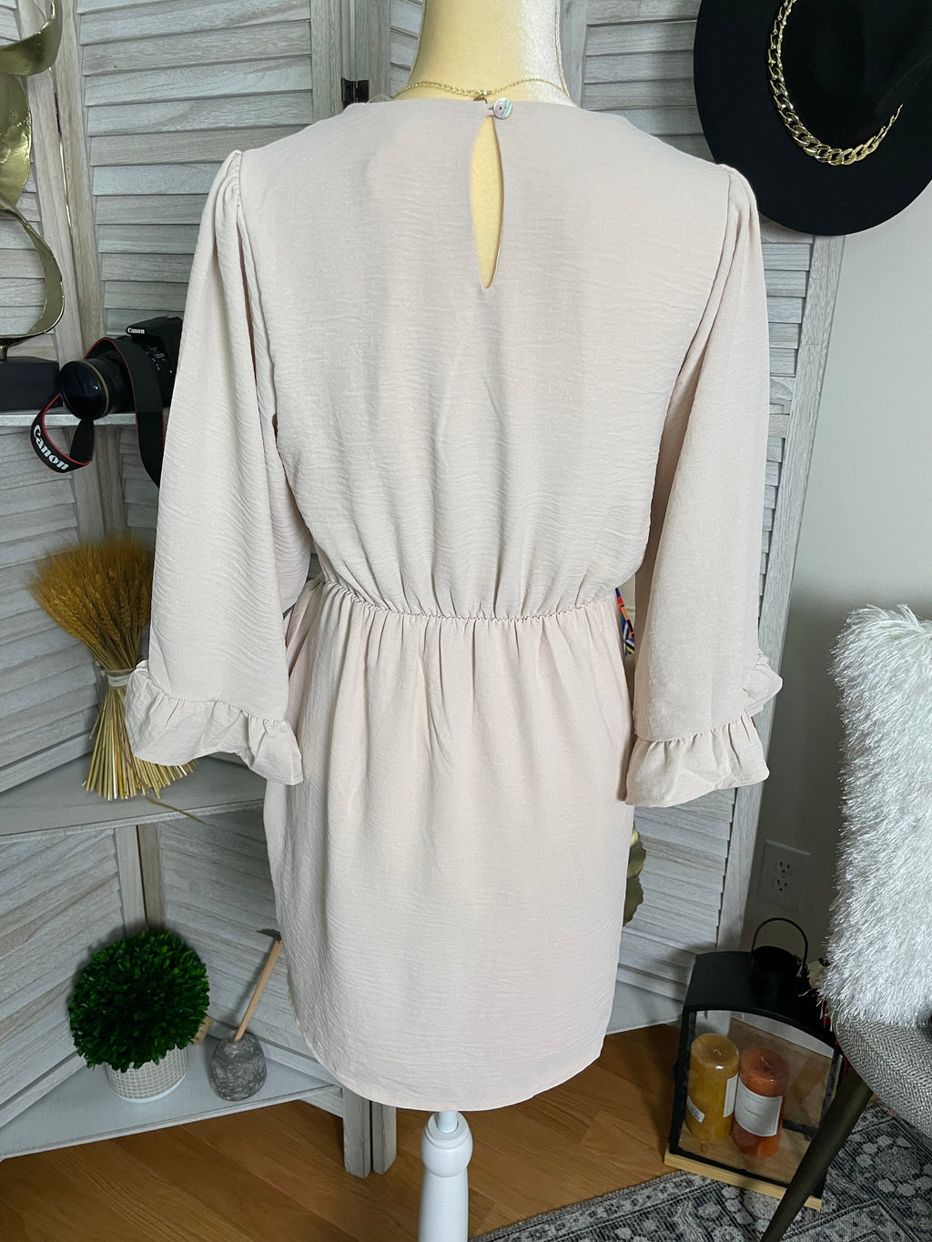 3/4 SLEEVE WRAP SOLID DRESS