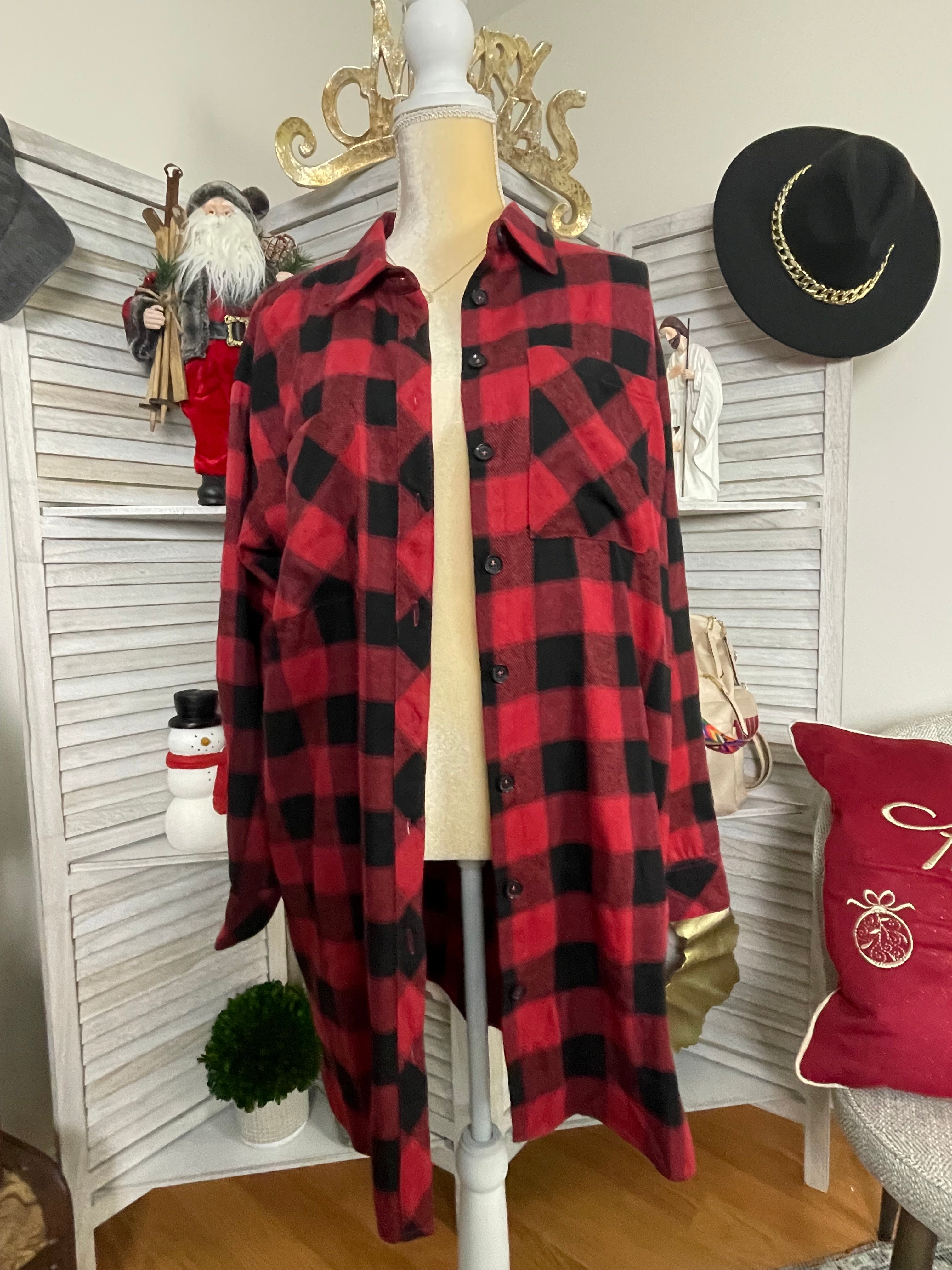 PLAID LONG SLEEVE BUTTON DOWN DRESS/SHACKET