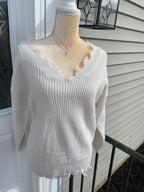 IVORY WIDE DOUBLE V-NECK DISTRESSED SWEATER