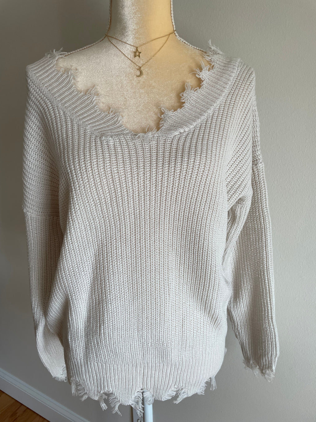 IVORY WIDE DOUBLE V-NECK DISTRESSED SWEATER