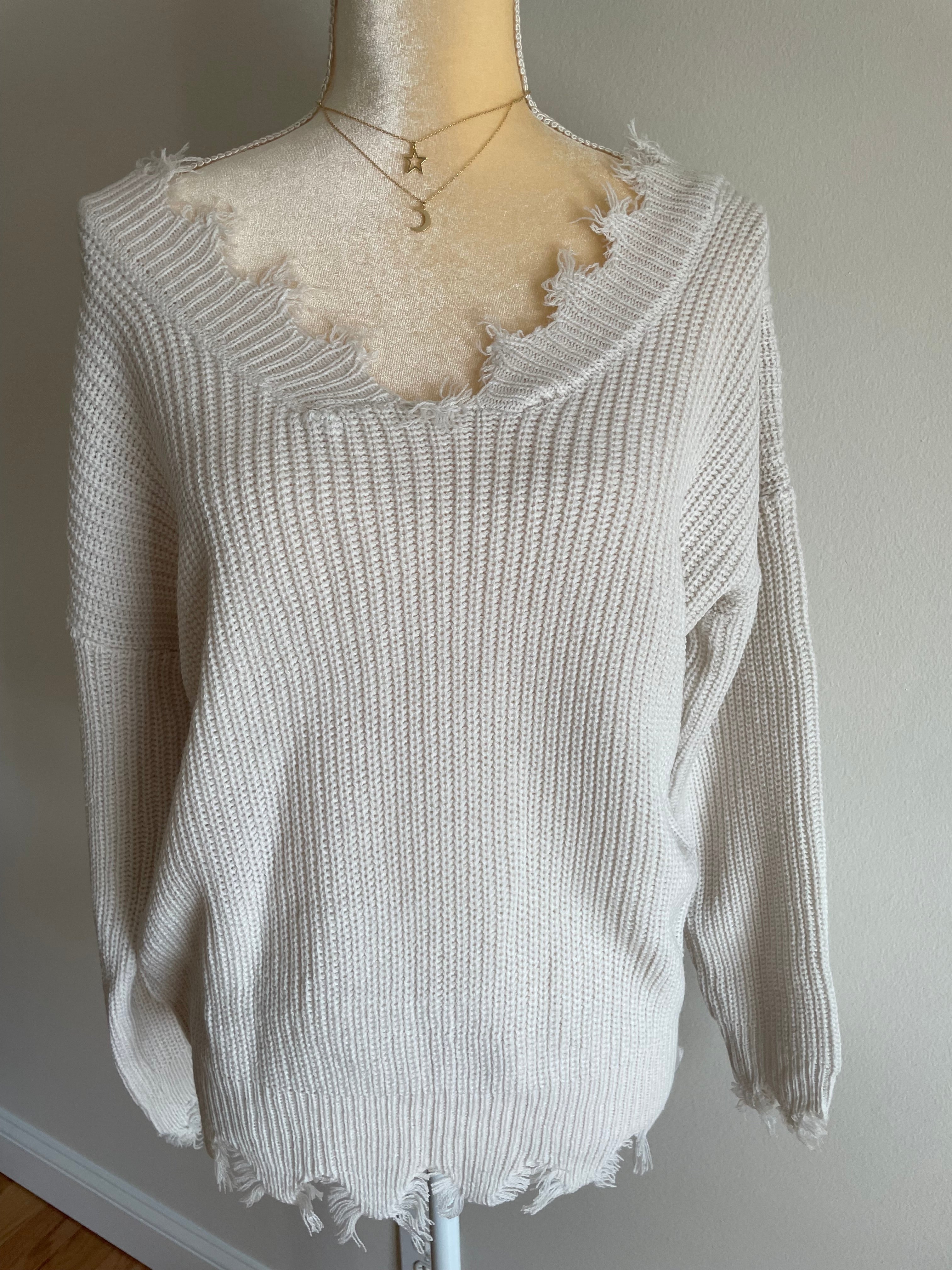 IVORY WIDE DOUBLE V-NECK DISTRESSED SWEATER