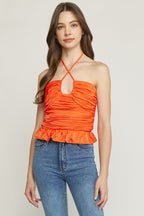CROSS-FRONT RUFFLE HEM HALTER TOP
