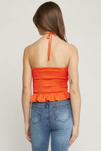 CROSS-FRONT RUFFLE HEM HALTER TOP