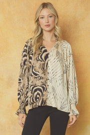 CONTRAST PRINT V-NECK BLOUSE