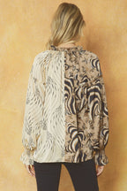 CONTRAST PRINT V-NECK BLOUSE