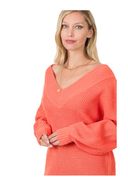 DOUBLE V TEXTURED BALLOON SLEEVE SWEATER