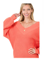 DOUBLE V TEXTURED BALLOON SLEEVE SWEATER